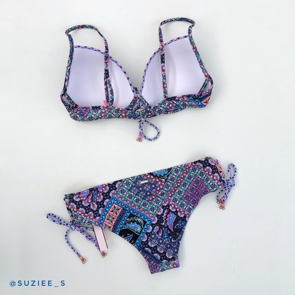 Victoria’s Secret Blue Patchwork Mosaic Print Lace up Bikini Set 34C/S NWT - Picture 11 of 14